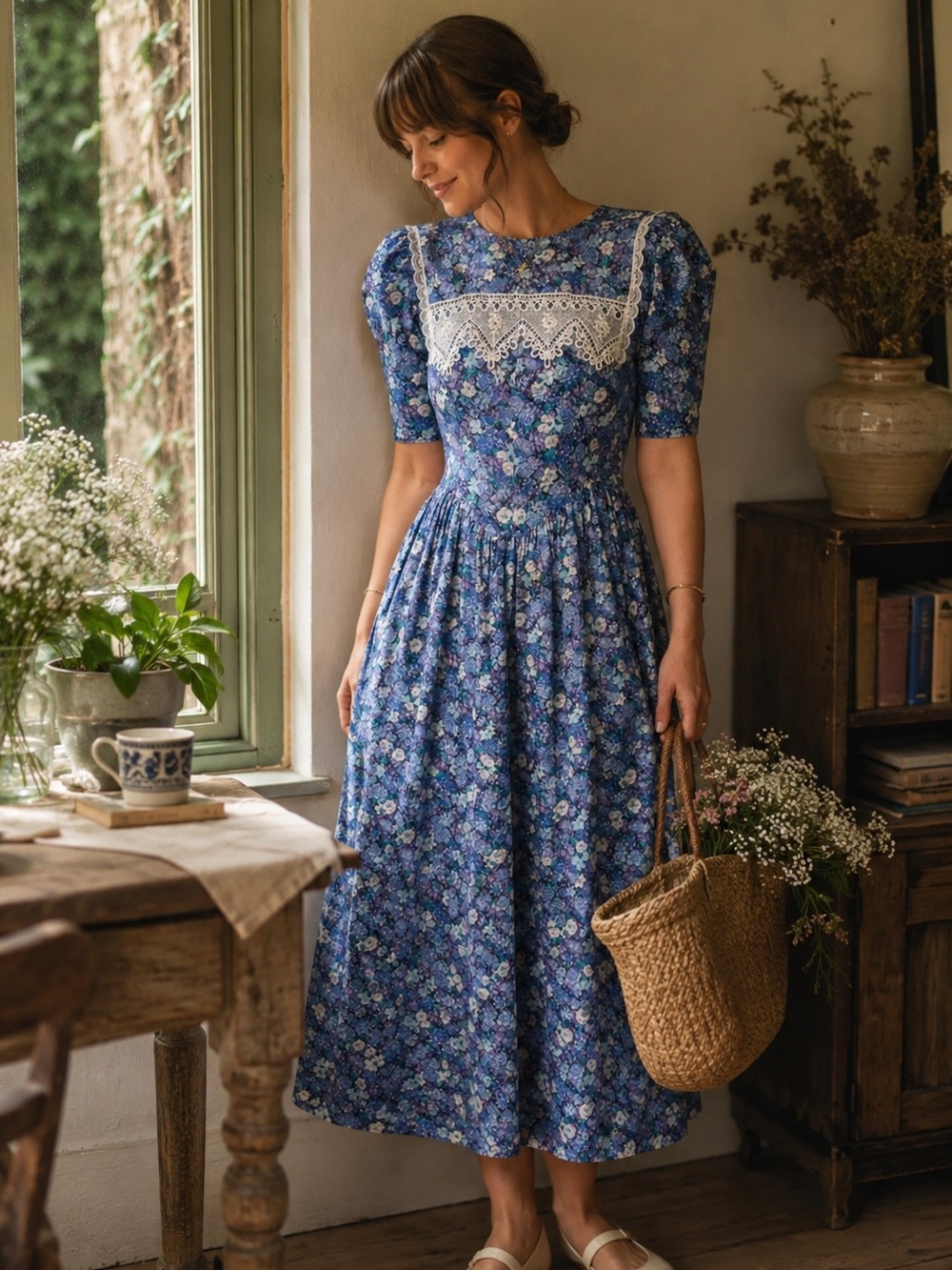 Gunne Sax Jessica McClintock Vintage 80s Cottagecore Prairie Floral Midi Dress